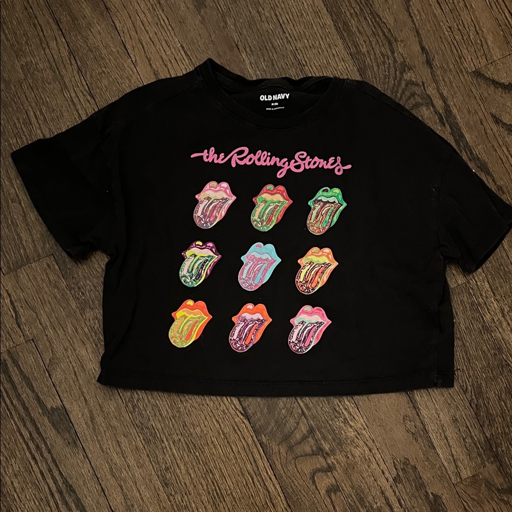 Old Navy Kids Black Tee with Colorful Rolling Stones Graphic